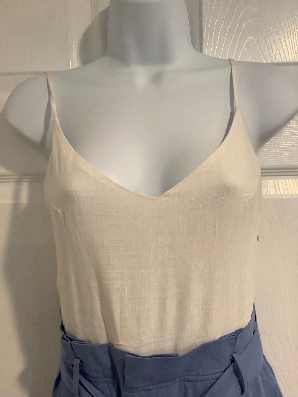 NWT REVAMPED White/Blue Gauzy Paper Bag Waist Coastal Beachy Summer Jumpsuit S - Picture 2 of 12